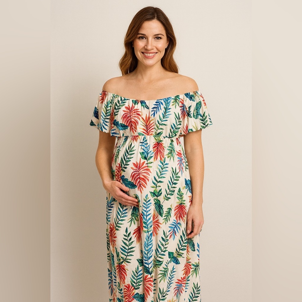 Mother Bee Maternity Tropical Floral Print White Off-Shoulder Maxi Dress
